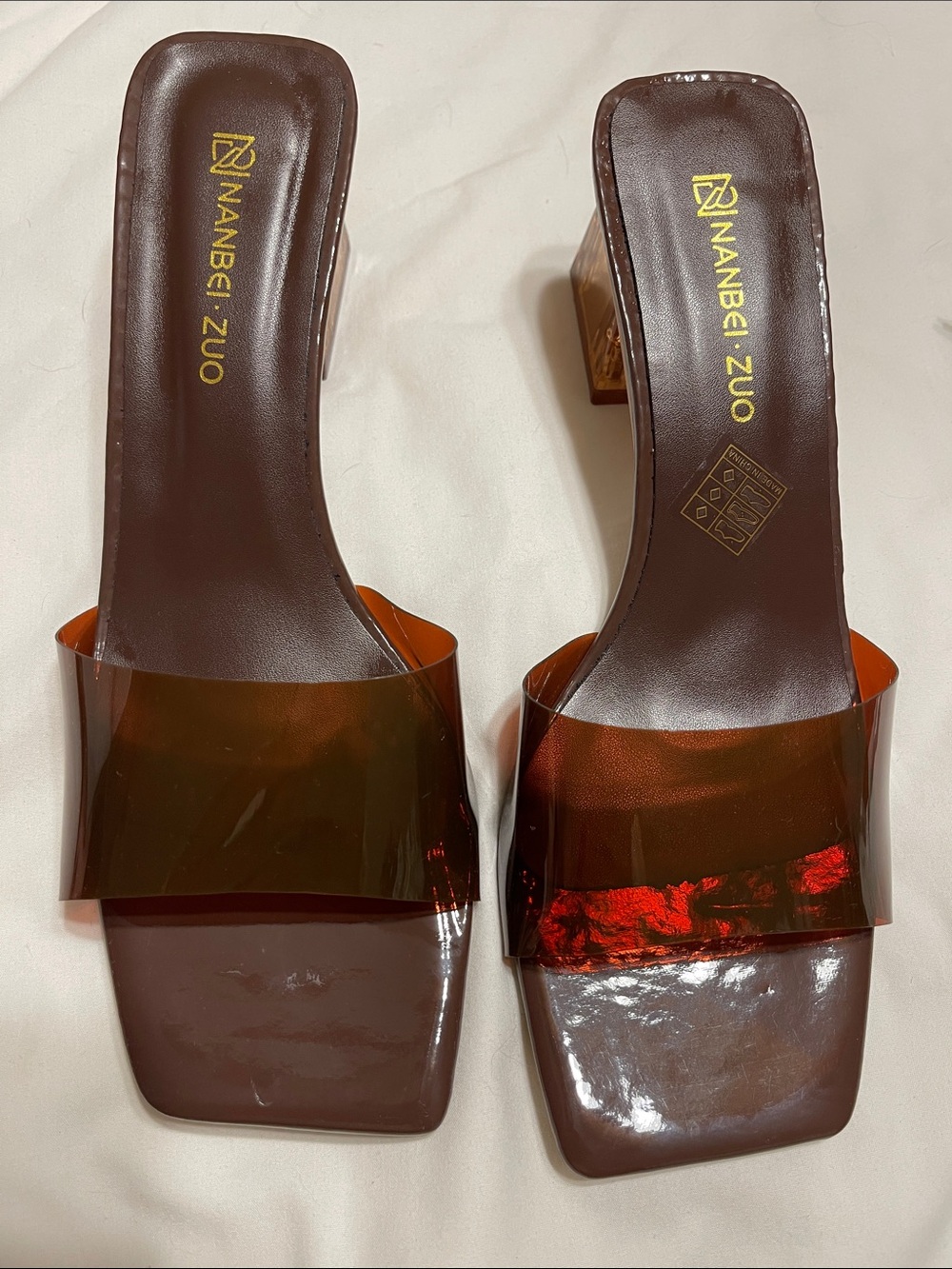 Brown Square-Toe Block Heel Mules with Amber Transparent Strap
